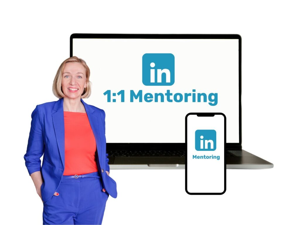 LinkedIn Mentoring Pakete bei Birgit Peuker LinkedIn Mentoring Pakete bei Peuker Marketing, Laptop und smartphone mit Aufschrift 1:1 LinkedIn Mentoring